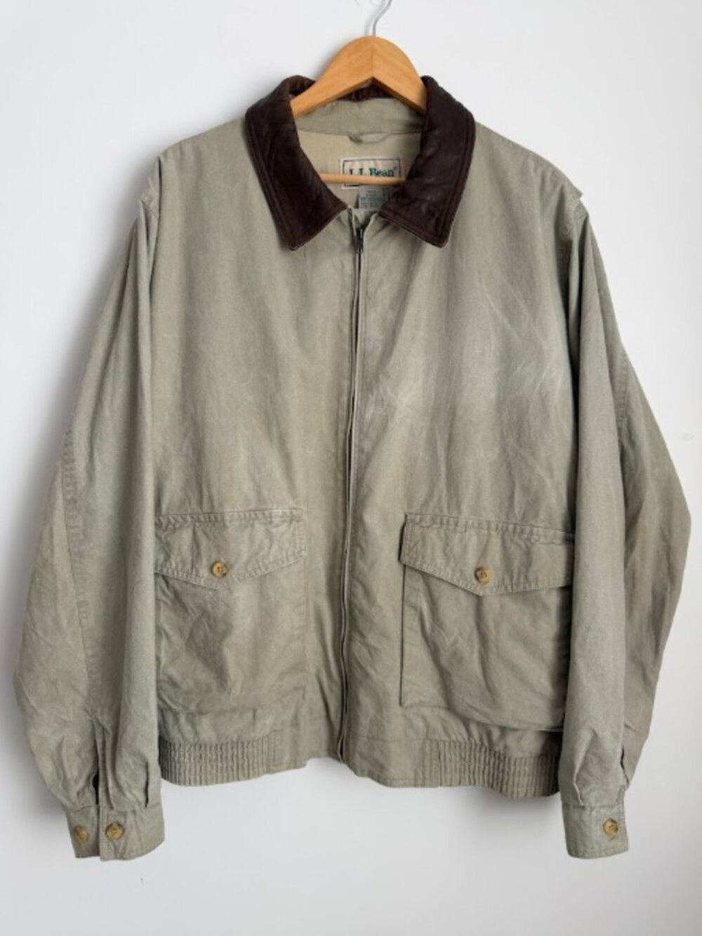 Vintage L.L. Bean Canvas Barn Bomber Jacket Made in Hong Kong Leather Collar (L)